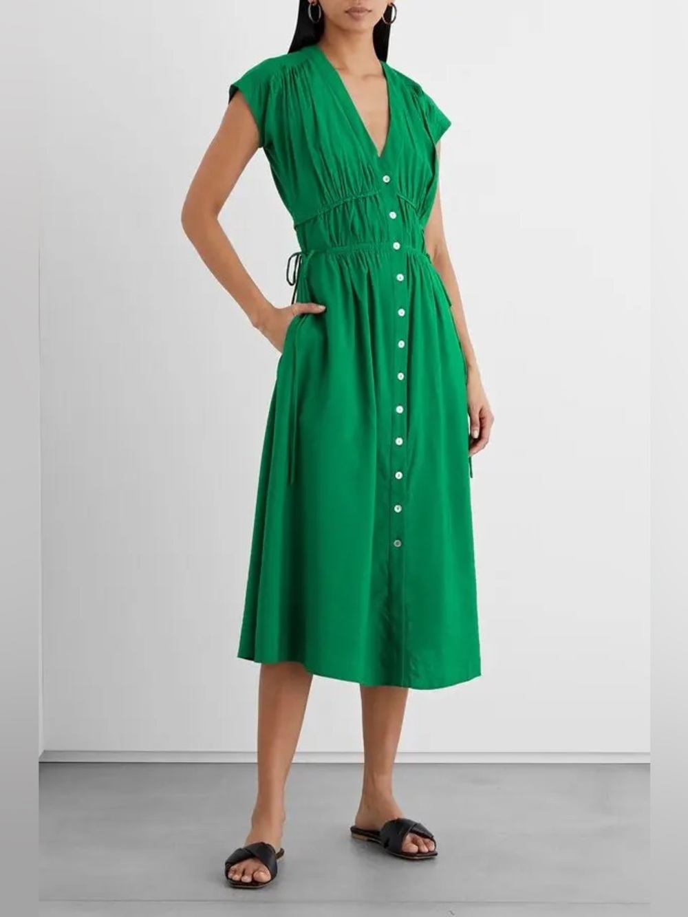 Iris & Ink Jade Green Jacqueline Shirred Woven Midi Dress 10